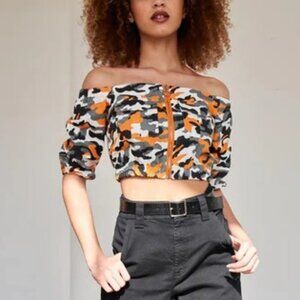 Orange Camo Print Off The Shoulder Cargo Crop Top Short Sleeve New